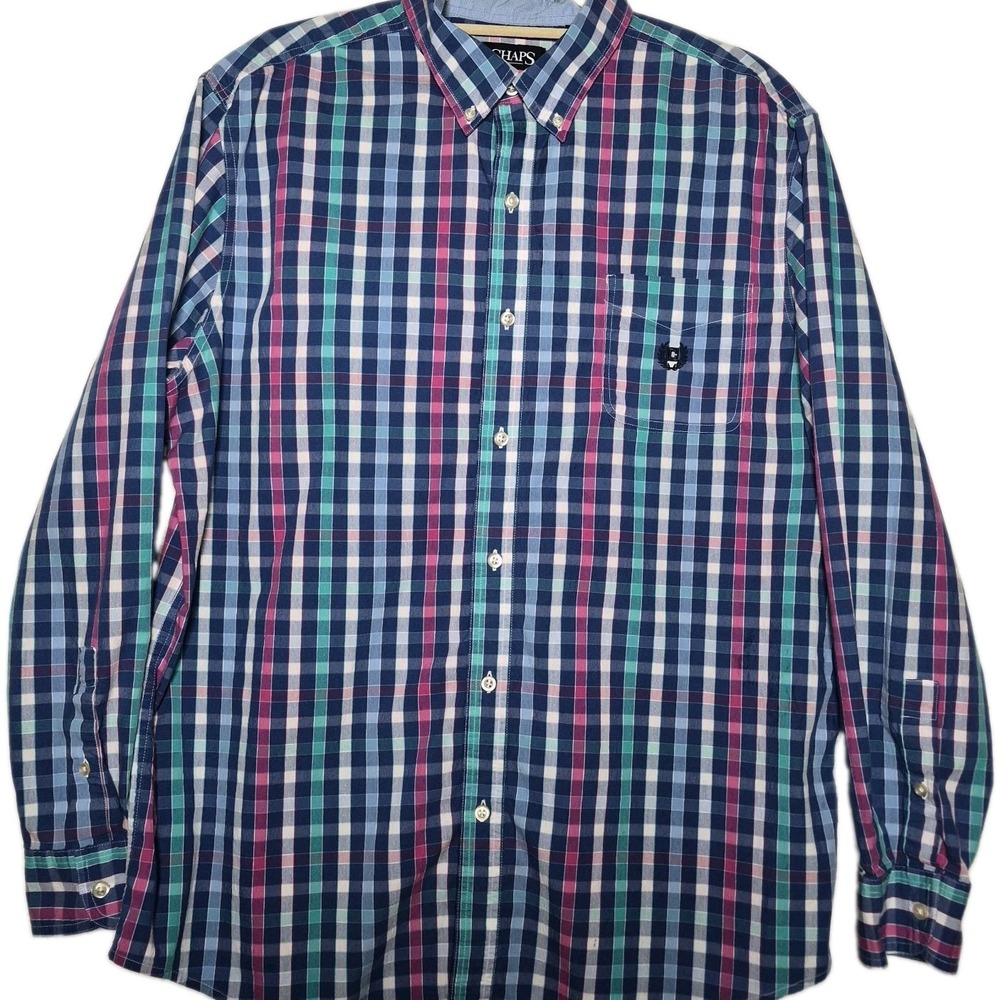 Chaps Stretch Easy Care Button Down Shirt Blue Green Pink Plaid Long Sleeve XL